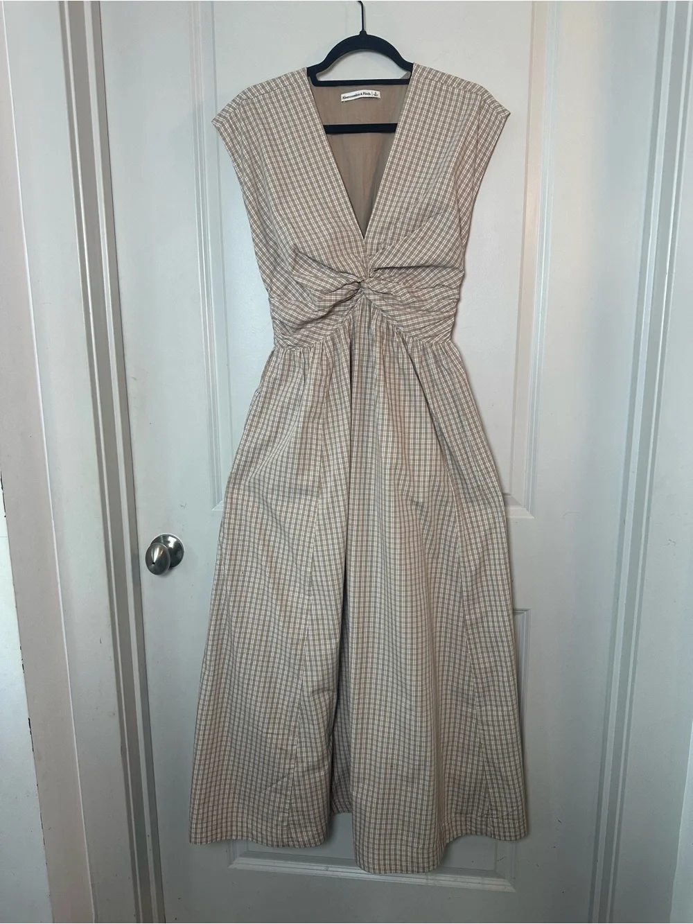 Abercrombie & Fitch Twist Bodice Plaid Brown & Ivory Maxi Cotton Dress, Small